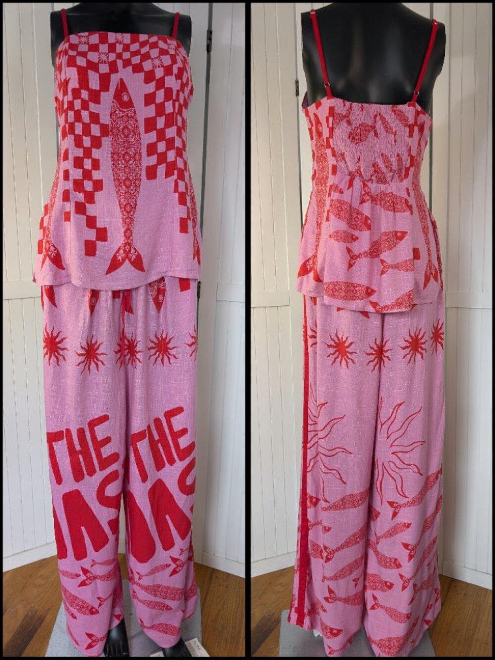 NWT Paper Heart by Anthropologie On The Coast Sardine 2-Piece Pant Set Pink Red